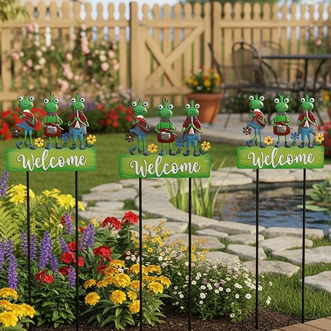 Frog Garden Stakes Decorative Large 41.7inch with Welcome Yard Sign, Whimsical Musical Frogs for Garden Decor Metal Yard Art Outdoor