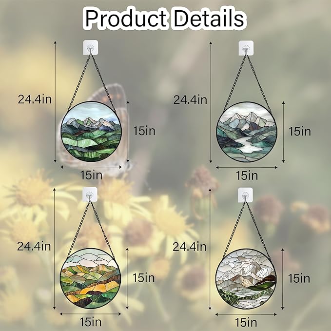 Stained Glass Window Hanging 4 Pcs Set Mountain River Landscape Large 15" - Suncatcher Door Garden Sun Catcher Decor Birthday Mother's Day for Mom Woman Nana Girl Boy Friend