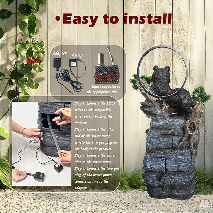 38.2" H Bear Outdoor Fountain with LED Lights and Five Tiered Waterfall Water Features,Suitable for Courtyard,Gardenand Indoor Decoration