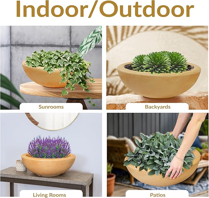 Sunnydaze Percival 20.75" Shallow Outdoor Planter Bowl for Flowers and Succulents - Polyresin Double-Walled Design - Sand - Set of 2
