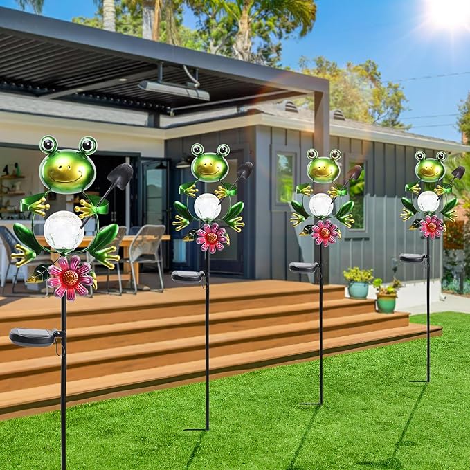 Bshine Frog Solar Light Outdoor Garden, Cracked Glass Metal Solar Garden Stakes for Pathway, Backyard Decoration, Yard Art, Lawn Ornaments, Frog Gifts for Women, Mom, Frog Lovers
