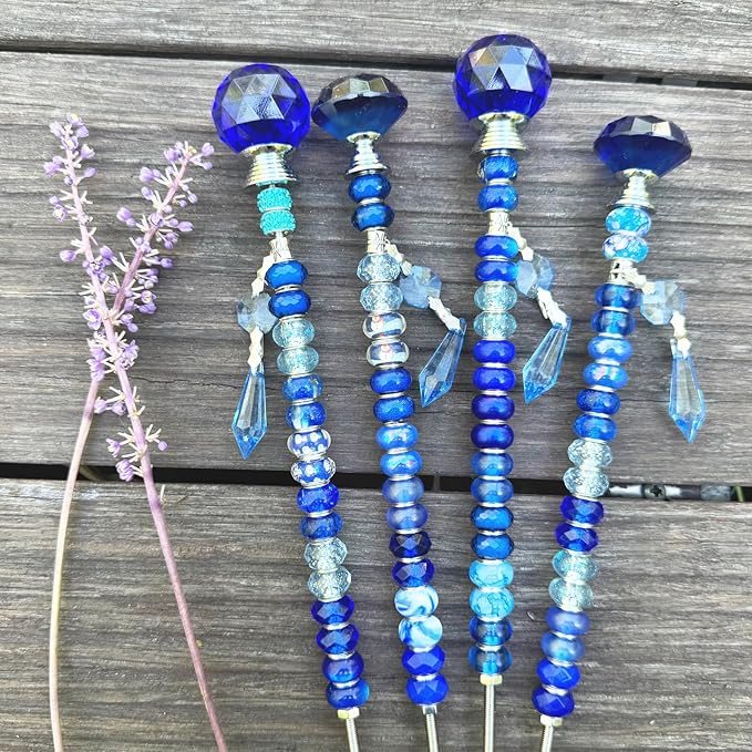 Exway 100 PCS DIY Fairy Wand Beaded Garden Stake Beads Kits with Dark Blue Large Hole Beads 4 Crystal Stopper Top Threaded Rods and 4 Dark Blue Sparkling Crystal Pendants for Outdoor Indoor Decor