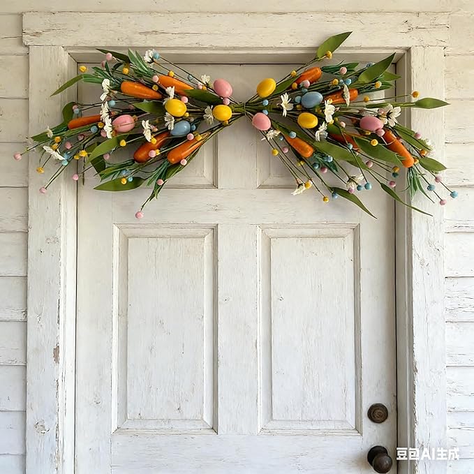 22'' Easter Swag Wreath with Carrots and Easter Eggs for Front Door Artificial Spring Floral Teardrop Swag with White Daisy Flower for Farmhouse Kitchen Cabinet Porch Wall Window Cabinets Wedding Arch