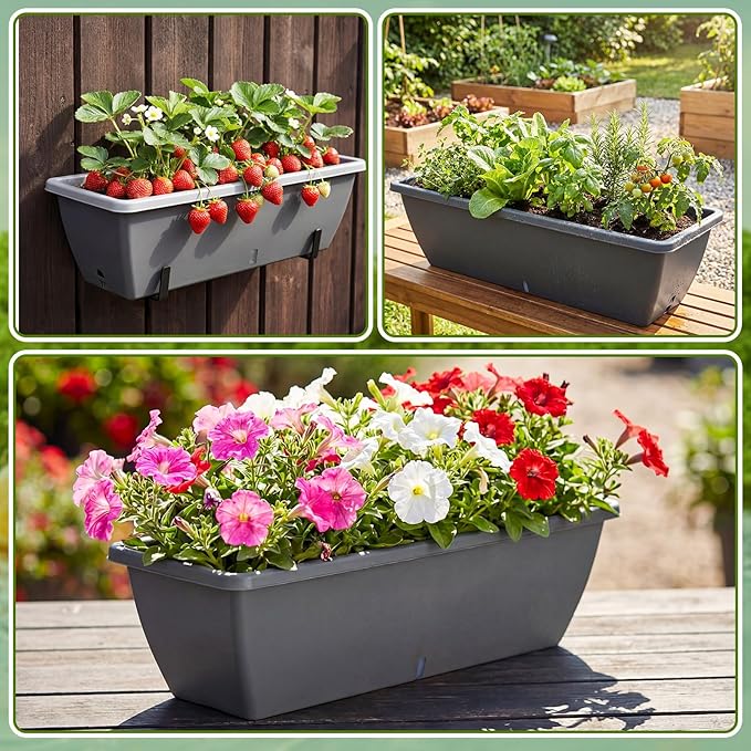 8 Pack 24 Inches Plastic Flower Window Box Planters with Water Absorbing Net Drainage Holes & Visible Water Level Window, Rectangular Vegetable Flower Pots for Indoor Outdoor Garden(Gray)