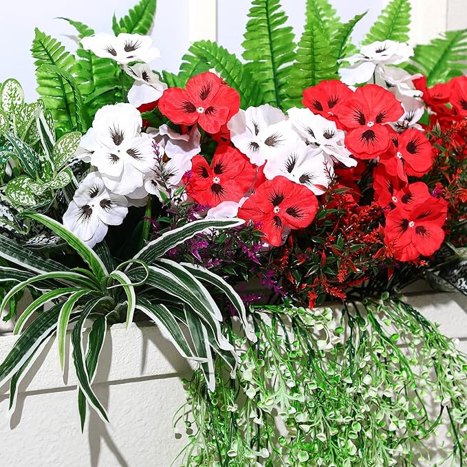 24 Pcs Outdoor Artificial Plants UV Resistant Faux Plant Fake Greenery Stems Faux Shrubs Flower for Outside Hanging Front Porch Patio Garden Window Box Home Wedding Summer Spring Decor(Green Red)