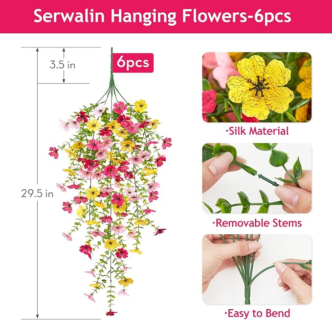 Serwalin 6PCS Artificial Fall Flowers for Outdoors Decoration, Realistic Silk Artificial Fall Hanging Flowers for Patio, Garden, Porch, Window, Outside (Yellow, Hot Pink & Pink,6PCS)