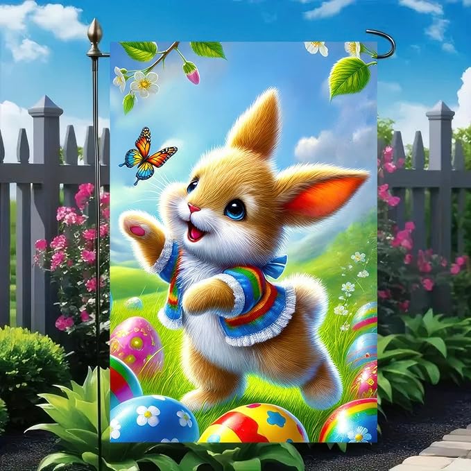 Happy Easter Bunny Garden Flag 12x18 Inch Double Sided Colorful Egg Spring Design Small Outdoor Yard Flag Cute Rabbit Welcome Banner for Porch Lawn Patio Spring Easter Decor