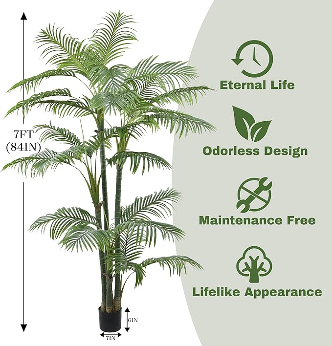 Artificial Palm Tree 7FT(84in) Tall Faux Tree with Large Trunks and 29 Realistic Leaves, Fake Tropical Floor Potted Artificial Plants for Home Office Living Room Indoor Decor (7feet,1Pack)