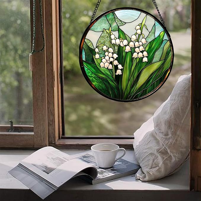 JOSUMALY Stained Glass Window Hanging - White Green Lily of The Valley Suncatcher for Doors Garden Terrace Plant Sun Catchers Decor Mother's Day Birthday Flowers Gifts for Women Men Mom 11.8 in