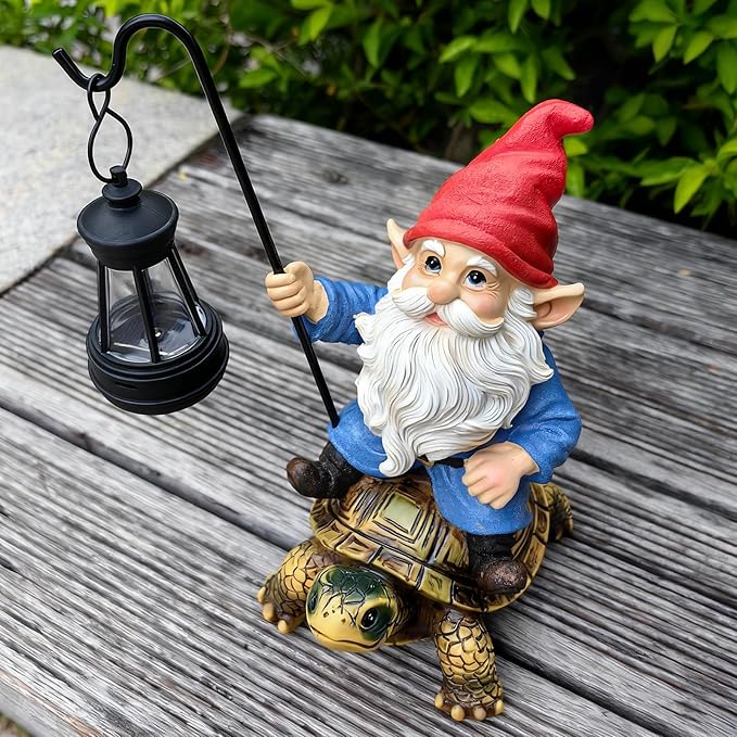 Garden Gnome Statue - Riding Turtle Outdoor Garden Statue Decorations with Solar LED Lights, 7.9" Figurine Ornament for Patio, Yard, Funny Lawn Decor Valentine's Day Gifts for Her, Wife, Sister