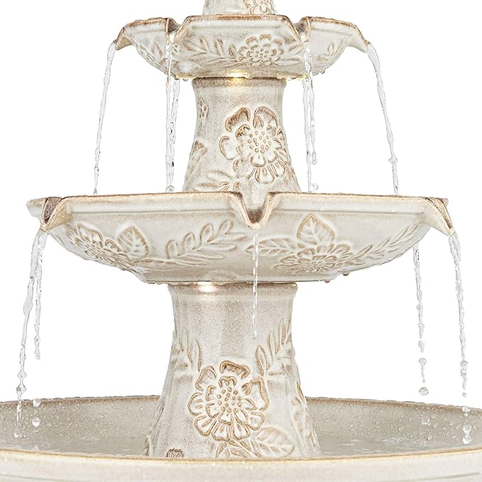 Formentera 45" High Large Italian Outdoor Decor Ceramic Floor Fountain with Light LED Waterfall 3-Tier Standing Basin Water Feature for Outside Garden Patio Yard Backyard Porch - John Timberland