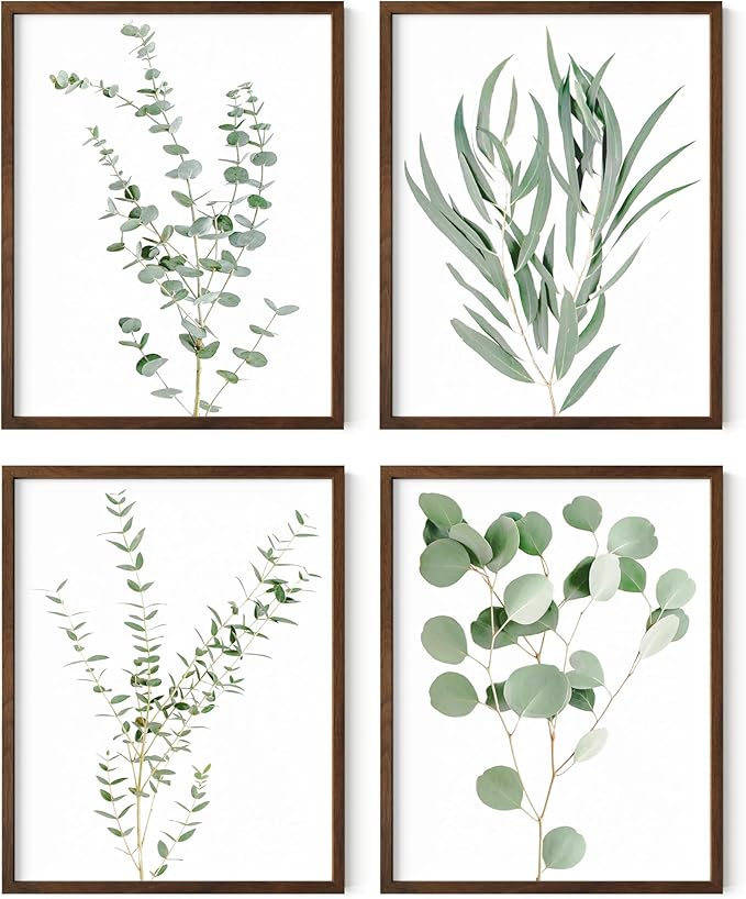 HAUS AND HUES Botanical Plant Wall Art Prints - Set of 4 Decor Floral Kitchen Flower Leaves Boho Leaf Eucalyptus Green Poster (11x14, Walnut Framed)