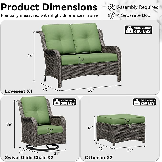 5 Piece Outdoor Wicker Patio Furniture Set, Outdoor Swivel Rocker Patio Chairs Set with Thickened Olefin Cushions, High Back and Deep Seating, Hand-Woven PE Rattan for Porch, Deck