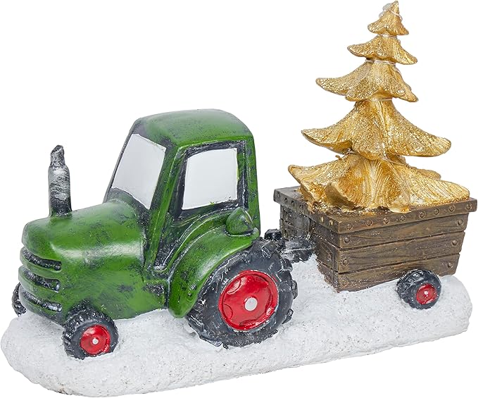 Alpine Corporation 7" Tall Holiday Green Tractor Pulling Gold Tree Statue with Warm White LED Lights, Christmas Decoration for Tabletop, Shelf, Mantel, or Entryway Display
