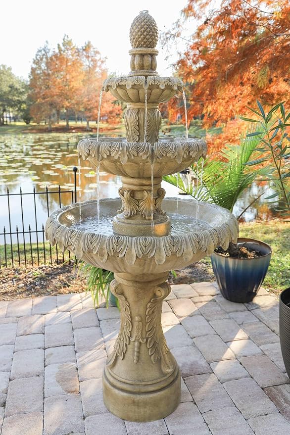 Ibiza 62" High Large Italian Outdoor Decor Sand Stone Floor Fountain with Light LED Waterfall 3-Tier Standing Basin Water Feature for Outside Garden Patio Yard Backyard Porch - John Timberland
