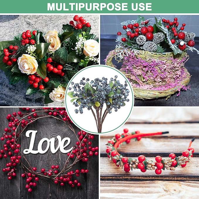 6-Pack Artificial Berry, 9.8 Inch Faux Holly Berry Foam Faux Frosted Berries with Stems for Home/Wedding/Christmas/DIY/Party/Garden/Office [Blueberry]
