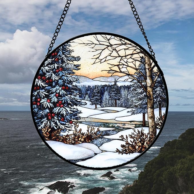 DASTOLL Stained Glass Window Hanging, Winter Snow Landscape Suncatcher Diamond Glass Panel Sun Catchers Decor for Birthday for Women, Men, Wife, Aunt, and Mom 14.9 in
