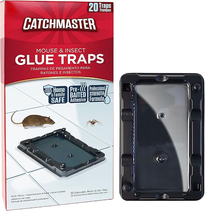 Catchmaster-20 Mouse & Insect Glue Traps, Heavy-Duty Pesticide-Free Sticky Mouse Traps Indoor for Home, Used by The PROs, Adhesive Rodent & Bug Catcher, Pest Control for House & Garage