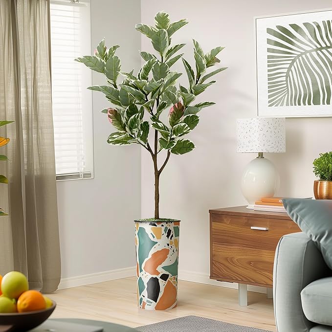 Artificial Tree in Modern Geometric Pattern Planter, Fake Rubber Silk TRE for Indoor and Outdoor Home Decoration - 70" Overall Tall (Plant Pot Plus Tree)