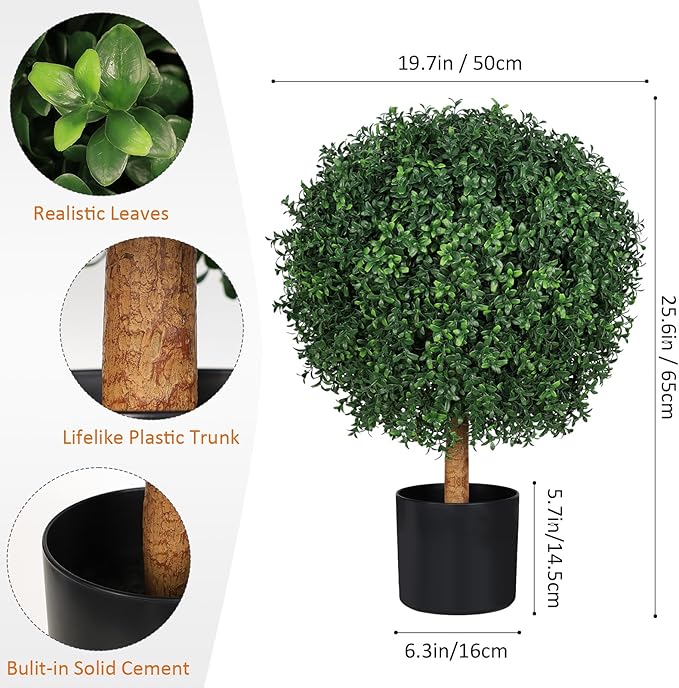 26" Topiary Trees Artificial Outdoor Boxwood Balls, UV Resistant Faux Boxwood Plants Set of 2, 19.7" W Realistic Evergreen Potted Fake Shrubs and Bushes for Home Office Patio Garden Front Porch Decor