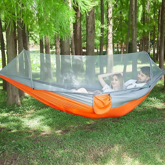 LFL Portable Camping Hammock with Mosquito Net, 1-2 Person Outdoor Swing Hammock, Nylon Parachute Material, Outside Quick Opening, Hiking Travel Courtyard (Orange)
