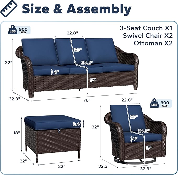 5 PCS Outdoor Conversation Set | 78" Couch, 2 Swivel Chairs, 2 Ottomans, Patio Wicker Conversation Furniture with Removable Cushions for Bistro, Deck, Sunroom (Navy Blue)