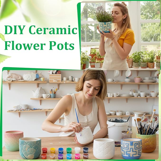 Zubebe 12 Pcs Paint Your Own Ceramic Pots Bulk Unfinished Embossed Succulent Pots Craft Kit with Drainage Hole Mini Paintable Plant Vase Ready to Paint Planter for Cactus DIY Craft