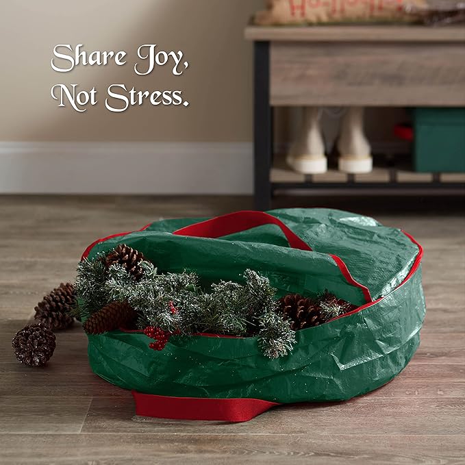 ZOBER Christmas Wreath Storage Container 24 Inch - Wreath Bag for Artificial Wreaths Box - Dual Zippered Wreaths Storage Bag with Strong Durable Handles - Green
