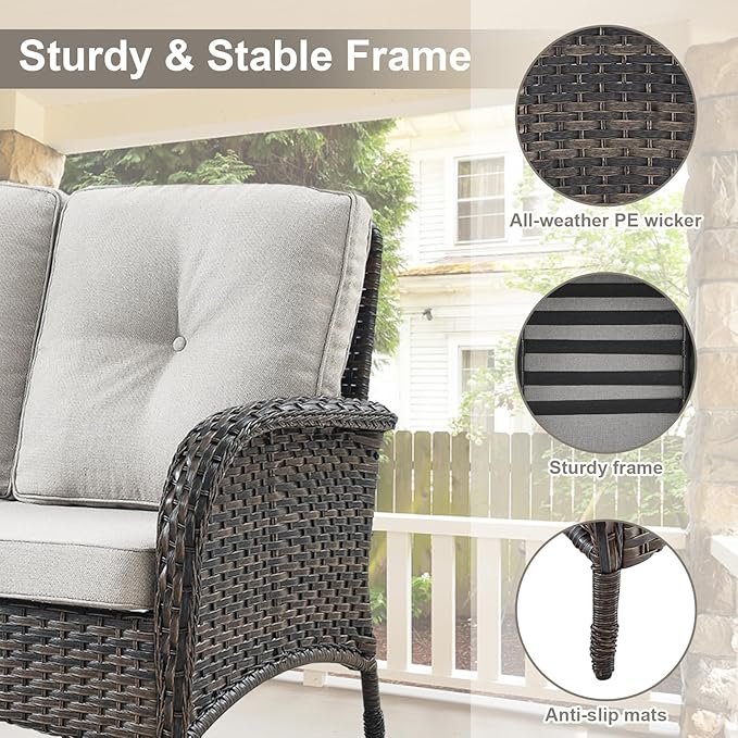 Belord 7 Piece Outdoor Patio Furniture Sets with Rocking Chairs, Wicker Loveseat Conversation Sets for Patio Deck Backyard Poolside, Beige Cushion