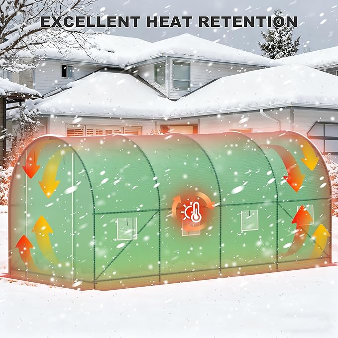 Greenhouses for Outdoors, Walk-in Green Houses for Outside Heavy Duty, Large Greenhouse with 8 Ventilated Screen Windows & 2 Roll-up Doors & Reinforced Frame (15×7×7 FT with Irrigation System)