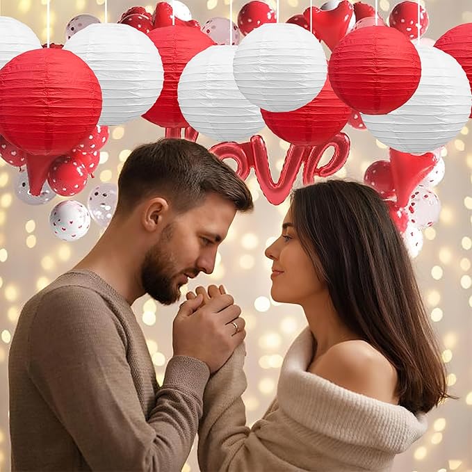 BEISHIDA Red White Round Paper Lanterns Decorative Hanging Asia Chinese Japanese Paper Lanterns Lamp for Birthday Graduation Baby Shower Wedding Home Decor Outdoor Party Decoration(12Packs)