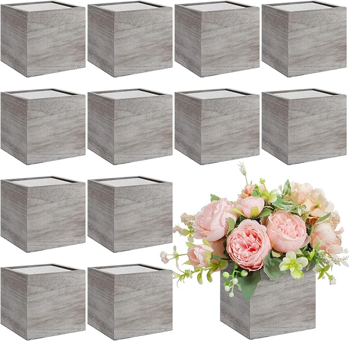 Suzile 12 Set 4 Inch Wooden Planter Box Flower Square Vases for Centerpiece Rustic Cube Planter Box with Removable Foam Blocks Liner Square Vase Craft for Garden Home(Light Brown)