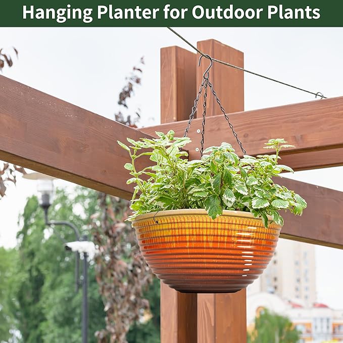 LESOASIS 12 inch Large Hanging Planters for Indoor Outdoor Plants, Set of 2 Glazed Hanging Flower Pots with Drainage Hole, Hanging Baskets for Garden Home Porch Decor