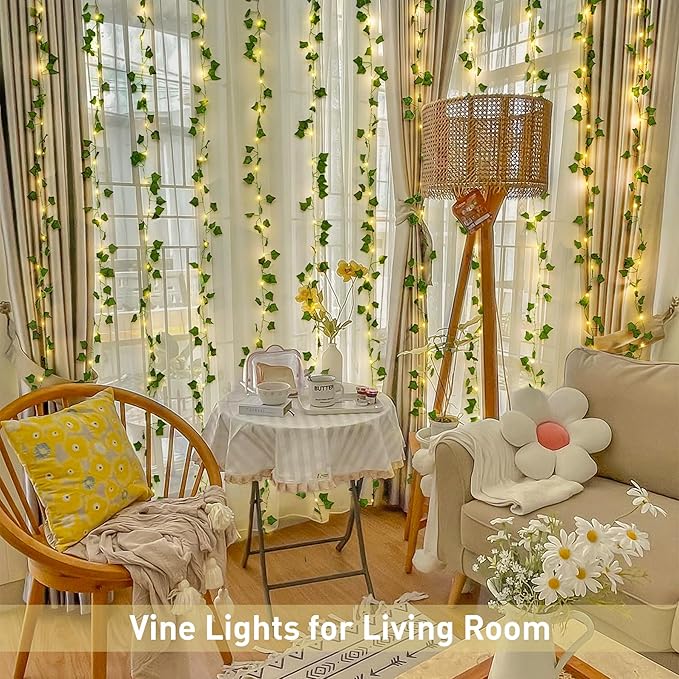 JMEXSUSS Vines Lights for Bedroom, 200 LED Vines Fairy Lights, Artificial Ivy Leaf Light for Wall Curtain Wedding Party Christmas Indoor Decor, 6.5ft x 6.5ft with Remote (Pack of 2)
