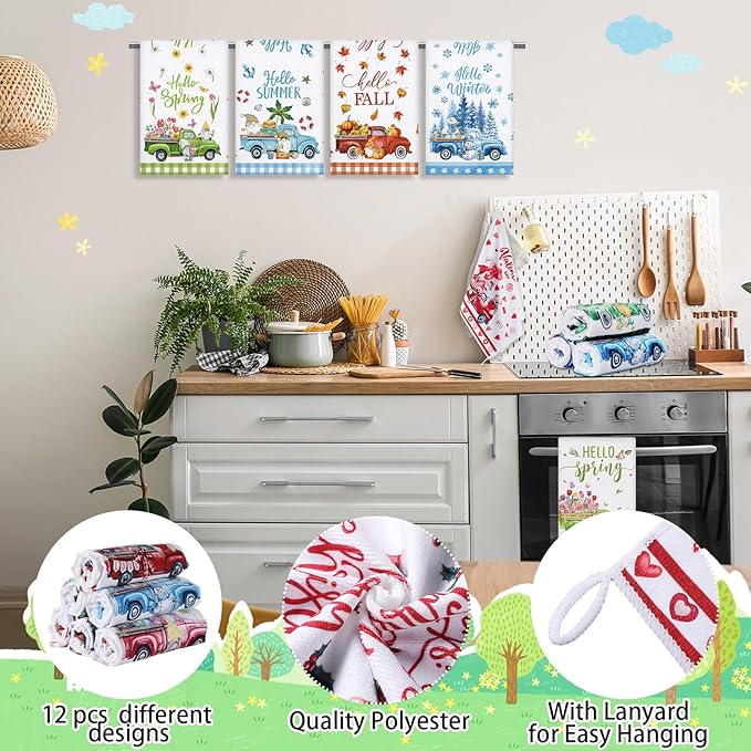 FuWeave 12 Pcs Seasonal Kitchen Towels Set for All Holidays Hand Dish Tea Towels Gift Bulk Valentine's Day Absorbent Dishcloths Housewarming Gift for Cooking Kitchen Bathroom(Truck Style)
