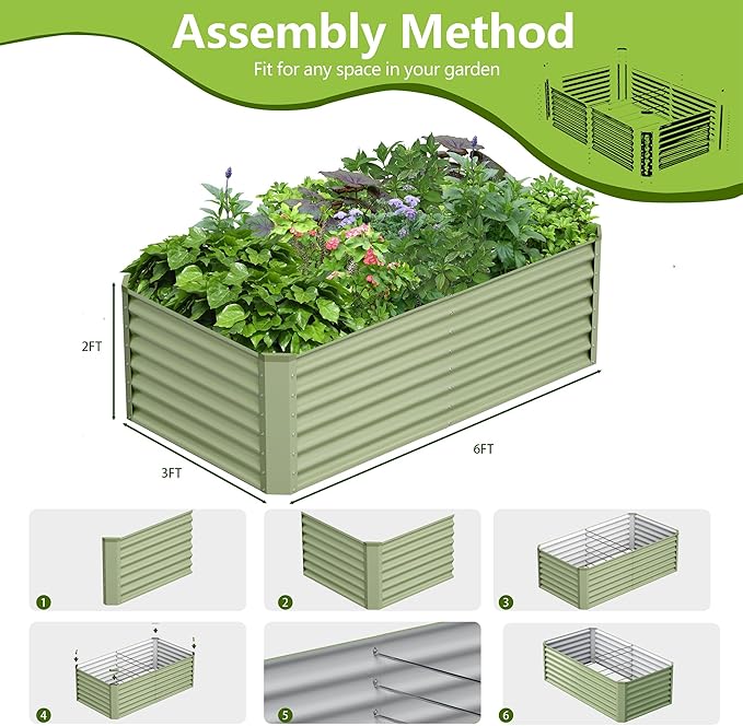 6x3x2FT Galvanized Raised Garden Bed Kit, Galvanized Planter Raised Garden Boxes Outdoor, Large Metal Raised Garden Beds for Vegetables-Green