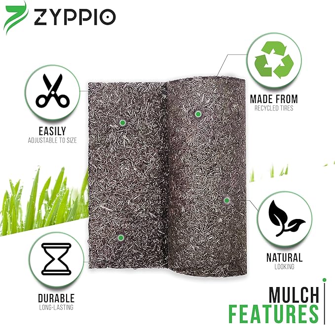 Black Rubber Mulch Border for Landscaping, 6' L x 22'' W Roll, Natural-Looking Permanent Garden Barrier for Plants, Vegetables, and Flowers, Recycled and Sustainable, 16 Plastic Anchors Included