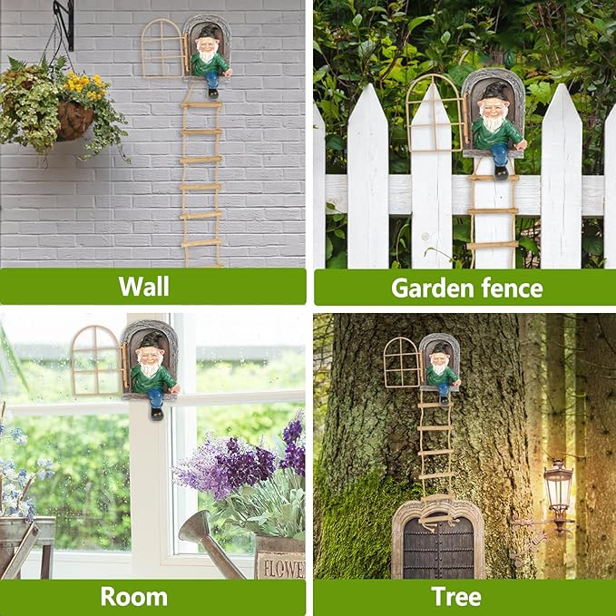 Garden Gnomes Decoration Outdoor tree faces decor with Hanging Ladder for Yard, Elf Out The Door Tree Hugger Resin Garden Sculpture Peeker Yard Art Ornament Whimsical Gnome Decor for Patio Yard Lawn