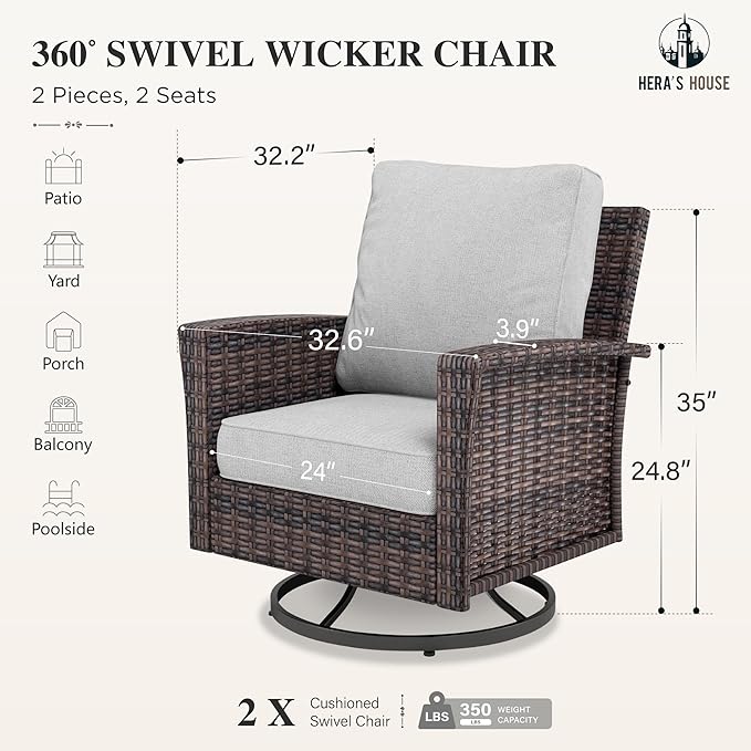 HERA'S HOUSE High Back Outdoor Swivel Chairs with 5.5" Thick Cushions, Wicker Rattan Patio Chairs Set of 2, Porch Deck Balcony Backyard Furniture, Grey
