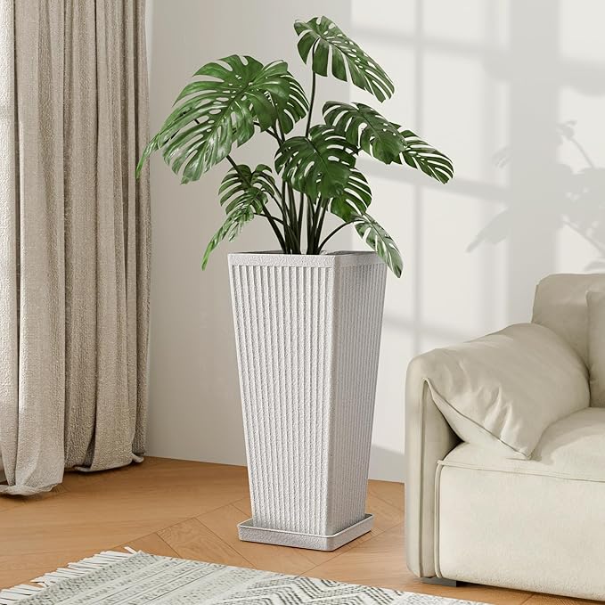 Trygoal Square Tall Planters for Outdoor Plants Set of 2-23.6" Heavy-Duty Classic Tapered Indoor Flower Pots with Drainage Holes/Partition/Tray, Large Outdoor Planters for Porch Patio Garden, White