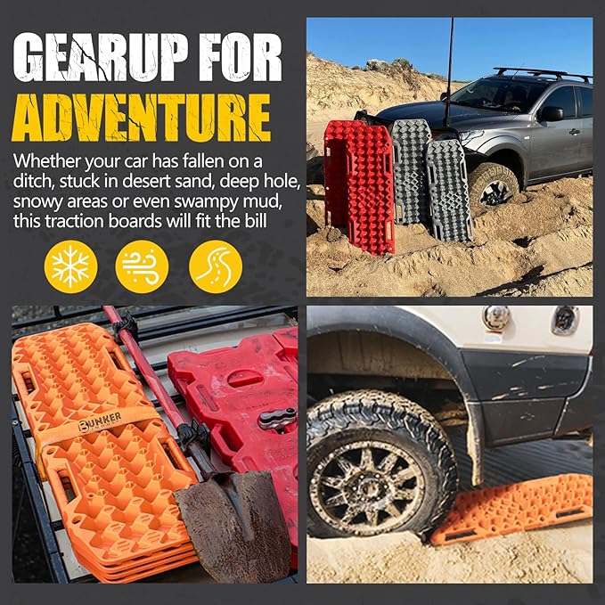 BUNKER INDUST Off-Road Traction Boards with Jack Base,Pair Recovery Track 4X4 Jeep Truck Emergency Tire Traction Mat with Bag -Sand, Mud, Snow Tracks Orange Traction Pad (Gen 7th)