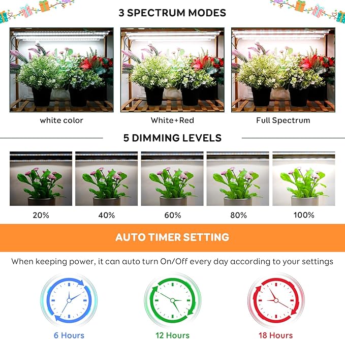 2 Bars Grow Light Strips for Indoor Plants with Auto ON/Off Timer 6/12/18H, 5 Dimmable Levels for Shelves Plant Growing (2 Bars, 1 Pack)
