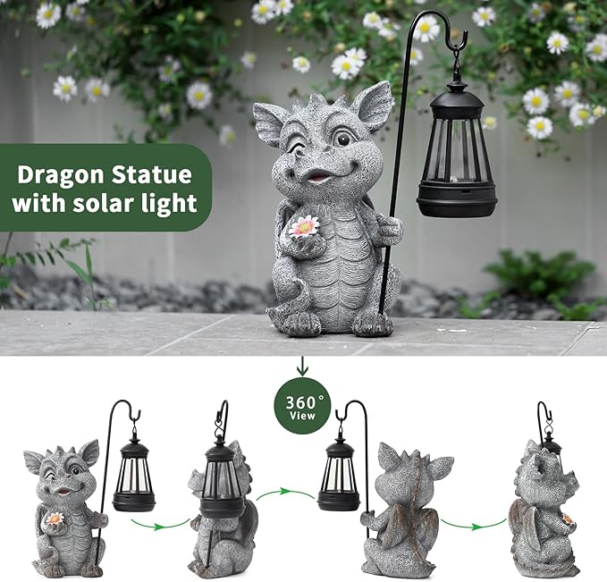 Ploxoiven Garden Figurines Dragon Statue Decorations - Solar ResinDragon with Solar Garden Lights Outdoor Decorations for Patio,Yard,Lawn,