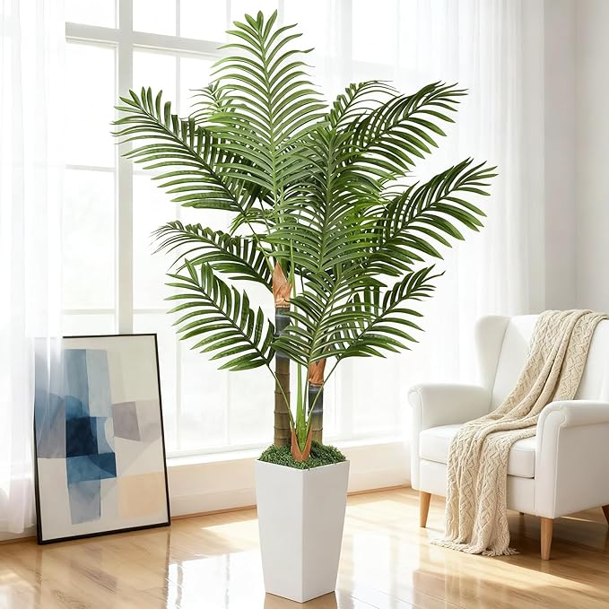 5ft Artificial Palm Tree Indoor Plant with White Tall Planter, Faux Silk Tropical Areca Floor Plant in Pot, Artificial Plants with Lifelike Leaves for Home Office Decor