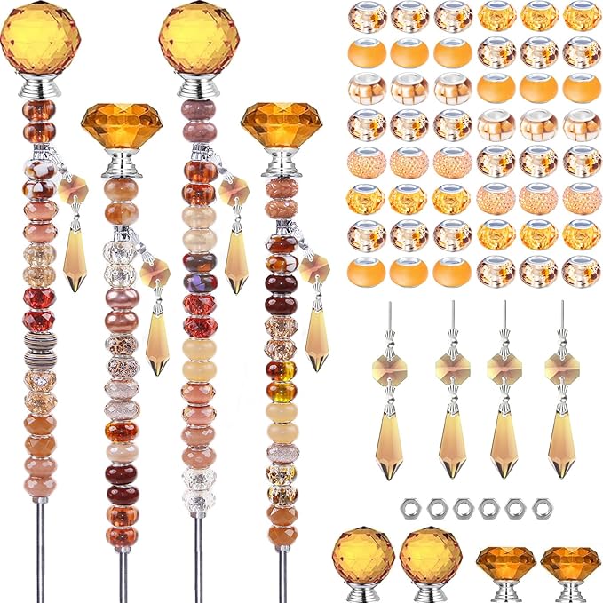 121 Pcs DIY Fairy Wand Beaded Garden Stakes Kit, Fairy Wands Garden Kit Champagne Large Hole Bead with Pendants Crystal Stopper Top Threaded Rod Beaded Garden Stakes Supplies For Outdoor Decorative