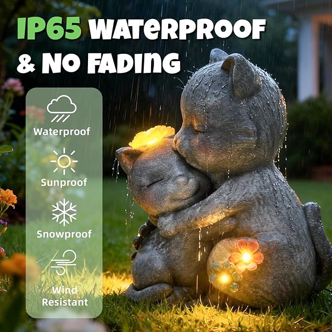 Komothala Solar Garden Statue Light, Cute Cats with Flowers Outdoor Deco for Patio, Lawn, Yard, Housewarming Birthday Gifts for Cat Lovers, Mom,Grandma,Women (Grey Cat)