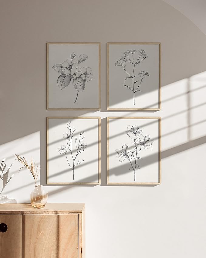 HAUS AND HUES Grey Floral Wall Art - Set of 4 Plant Posters for Wall Vintage, Botanical Prints, Black and White Flower Pictures for Room Aesthetic, Farmhouse Bathroom, Rustic Art (Beige Frame, 11x14)