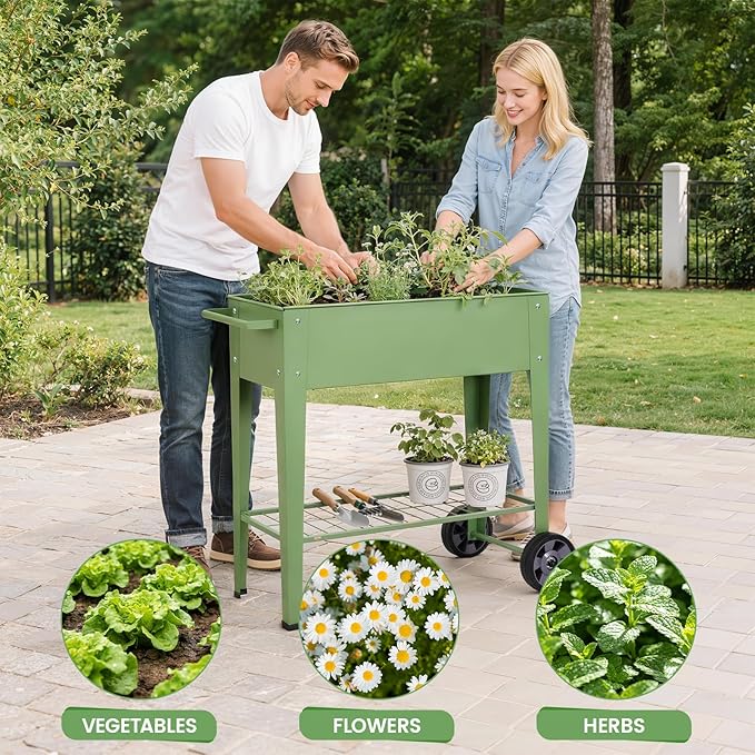 Elevated Raised Garden Bed with Legs- Galvanized Raised Beds for Gardening on Wheels, Anti-Rust Steel Planter Box with Storage Rack& Drain Hole for Backyard Patio Balcony (Green)