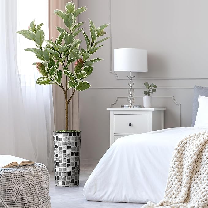 Artificial Tree in Modern Geometric Pattern Planter, Fake Rubber Silk TRE for Indoor and Outdoor Home Decoration - 70" Overall Tall (Plant Pot Plus Tree)