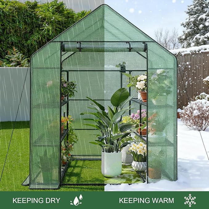 56x28x76 Greenhouse, Portable Green House for Outside Patio, Greenhouses Kit for Outdoor with Shelves, Thicken PE Cover, Ground Nail and Fixed Ropes (Green Cover, 4.6x2.3x6.3 FT)
